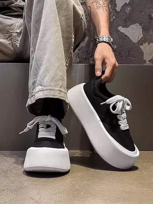 Chunky Black & White Skate Shoes - Breathable Round-Toe Canvas Platform Sneakers (Minimalist Unisex Casual Wear) S0008