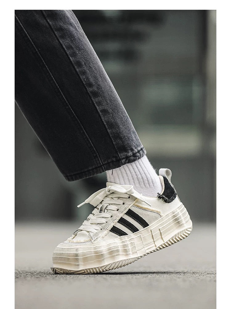 Distressed Melt-Sole Sneakers - White Chunky Platform German Army Trainers with Triple-Stripe Design S0009