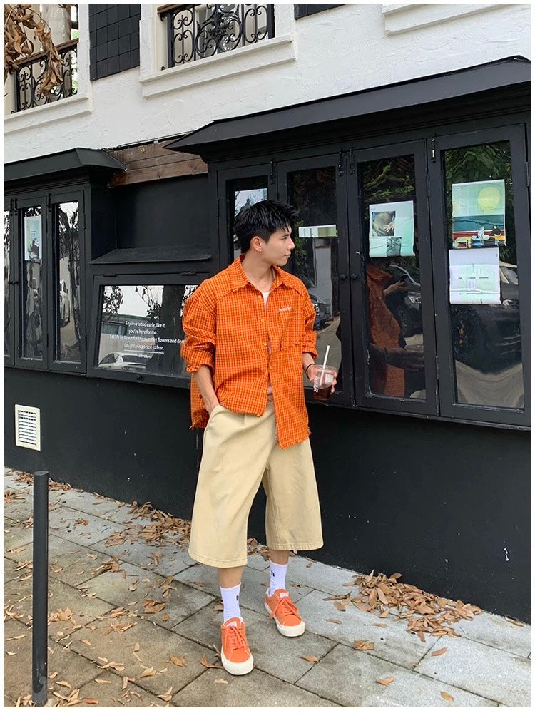 American Streetwear Orange Plaid Shirt – Vintage Long Sleeve Flannel for Men T0241