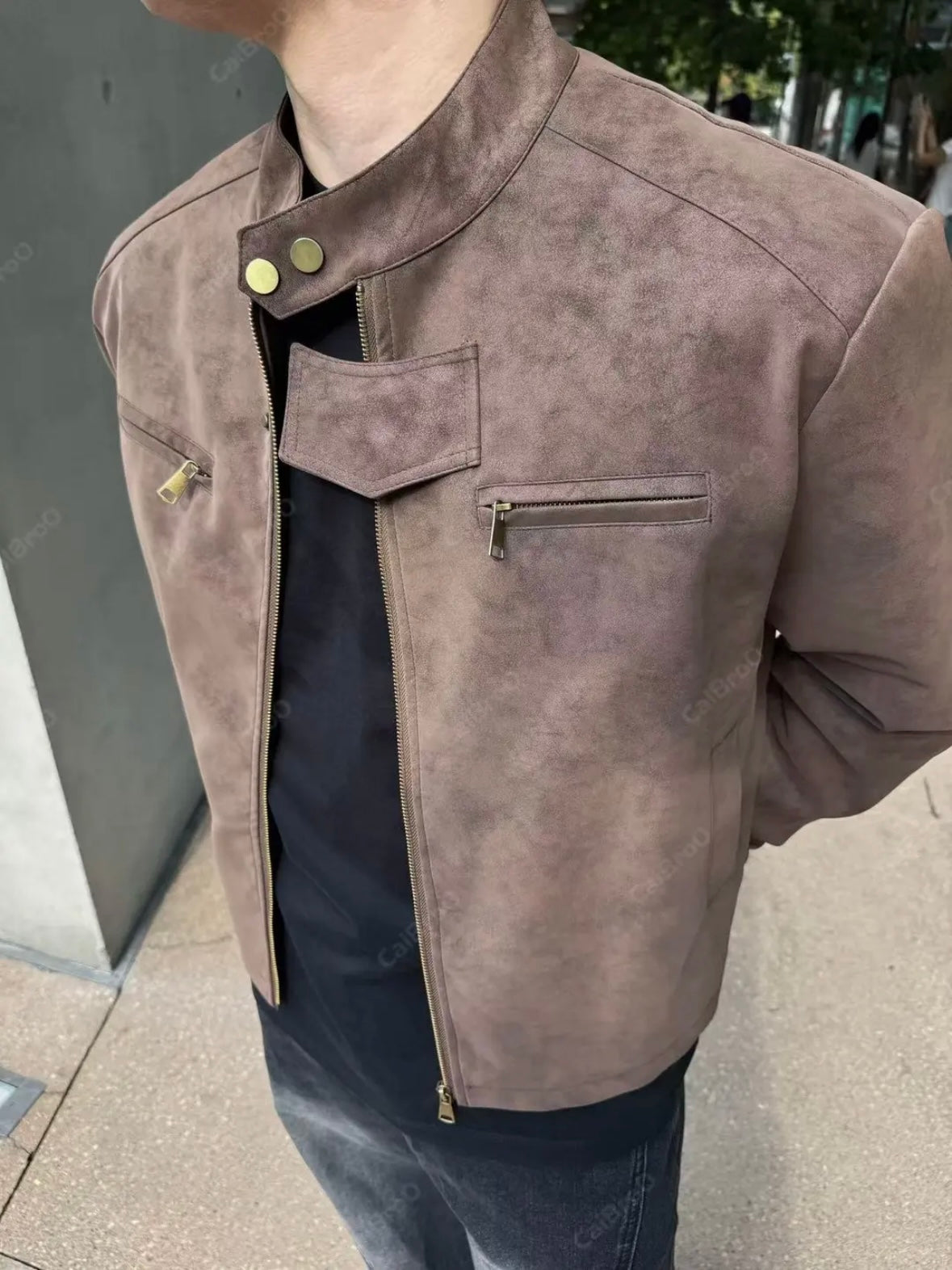 [DAZHONGMA] DYED CROPPED FAUX LEATHER JACKET T0183