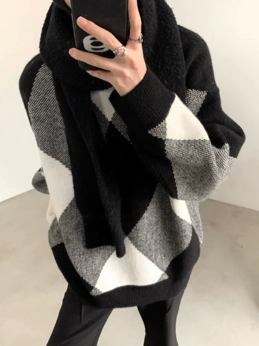 [AUTUMNWIND] BLACK AND WHITE HIGH-END DESIGN TURTLENECK SWEATER S0181