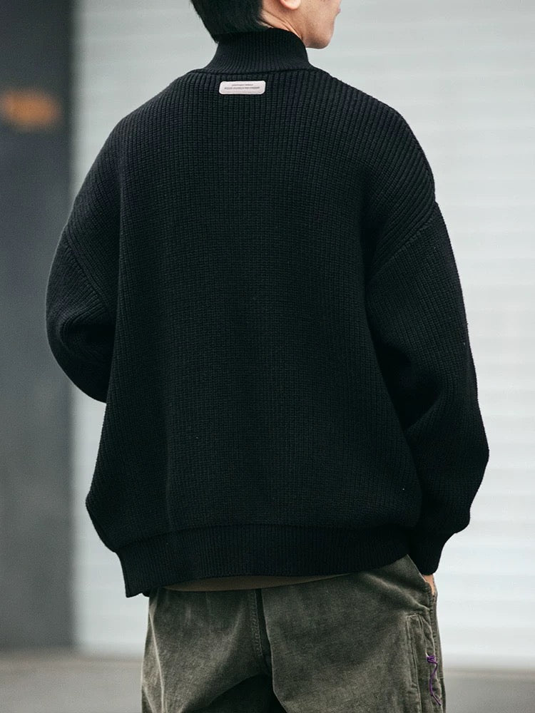 Autumn Winter Vintage Zip-Front Cardigan Men's Relaxed Fit Thickened Knit Sweater Stand Collar Coat T0016