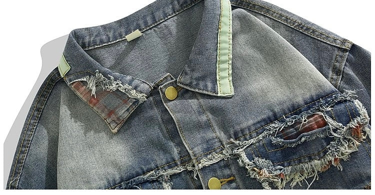 Men’s Vintage American Patchwork Frayed Denim Jacket – Distressed Retro Streetwear Outerwear T0039