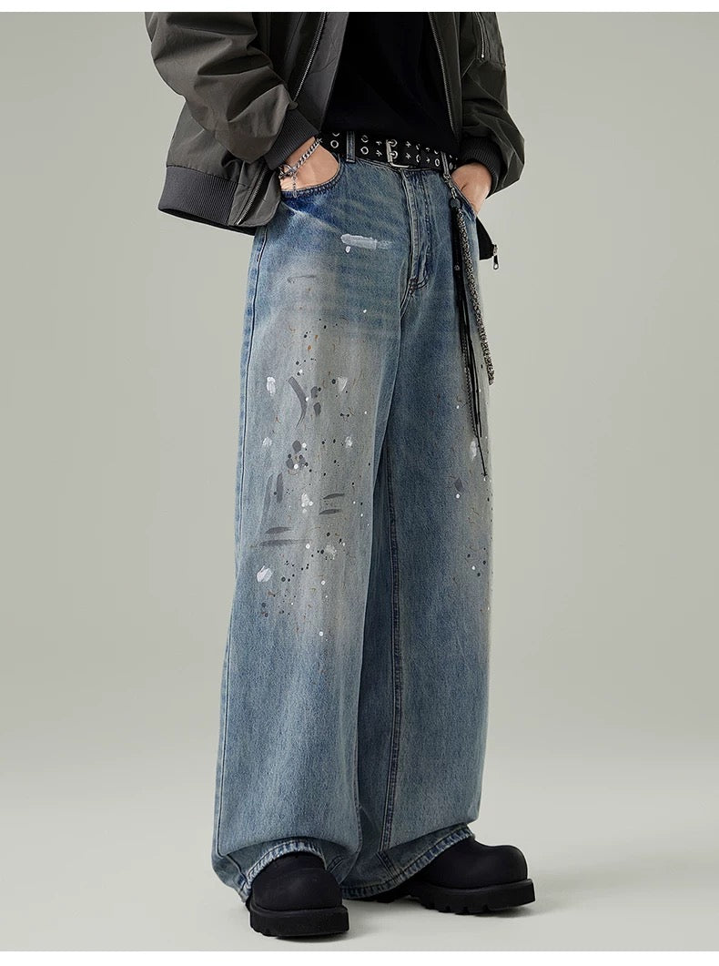 Men’s Paint-Splatter Washed Jeans – Vintage American Street Art Denim Pants B0055