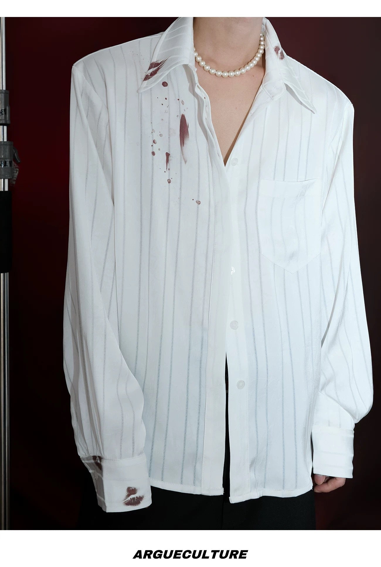 Hot Kiss Misty Realm Striped Satin Lipstick Print Shirt, Luxurious Textured Cardigan Top T0037