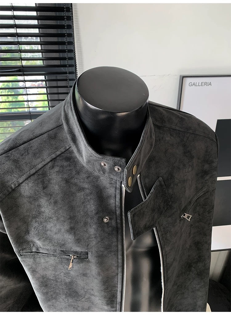 Chaqueta vintage de piel sintética con efecto tie-dye para hombre, cuello alto, estilo urbano, T0078