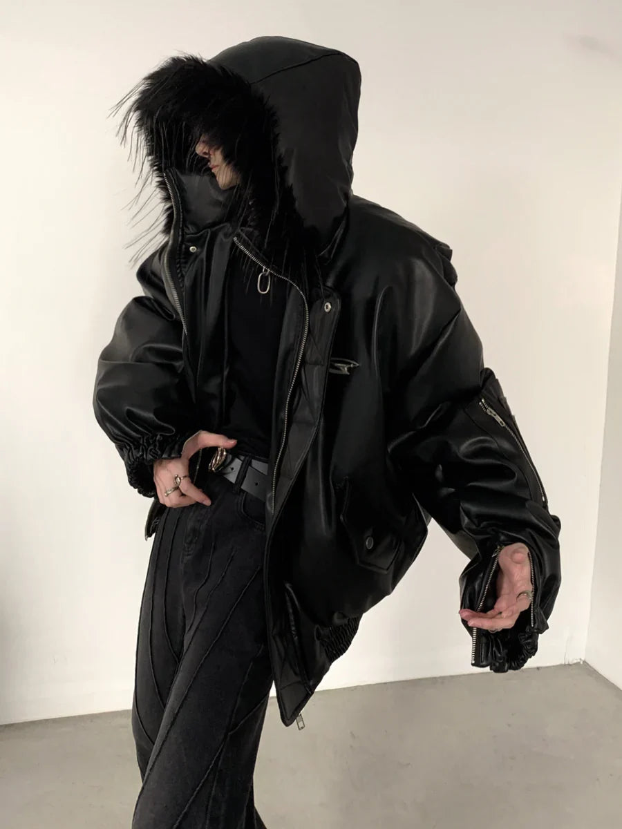 FUR DESIGN COTTON PUNK LEATHER JACKET T0100