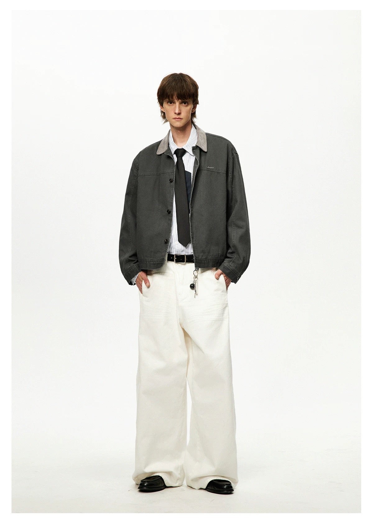 Men’s Color-Block Workwear Jacket – American Retro Contrast Collar Utility Outerwear T0064