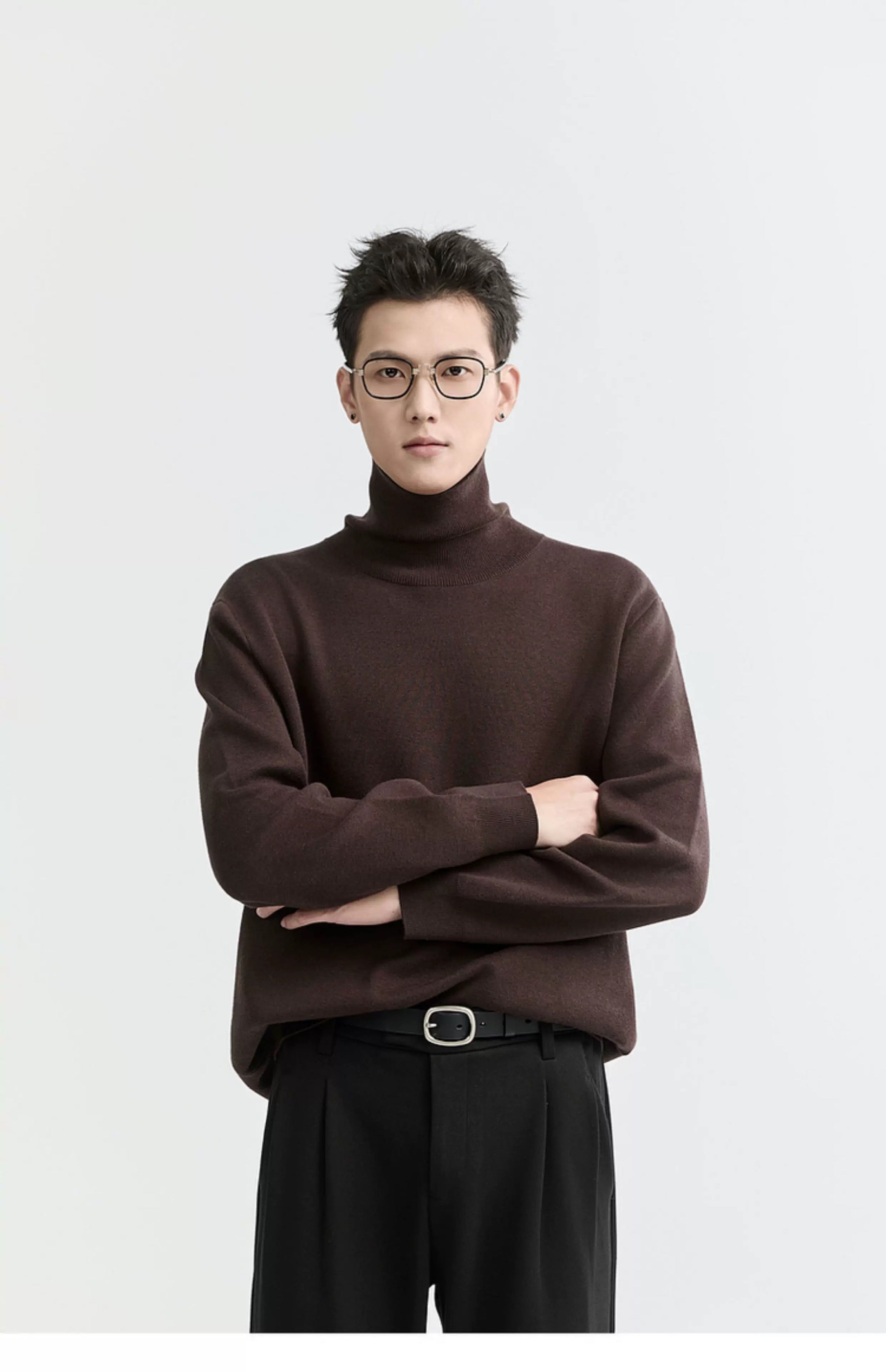 Suéter de punto de cuello alto para hombre - Capa base con forro polar grueso para otoño e invierno T0041