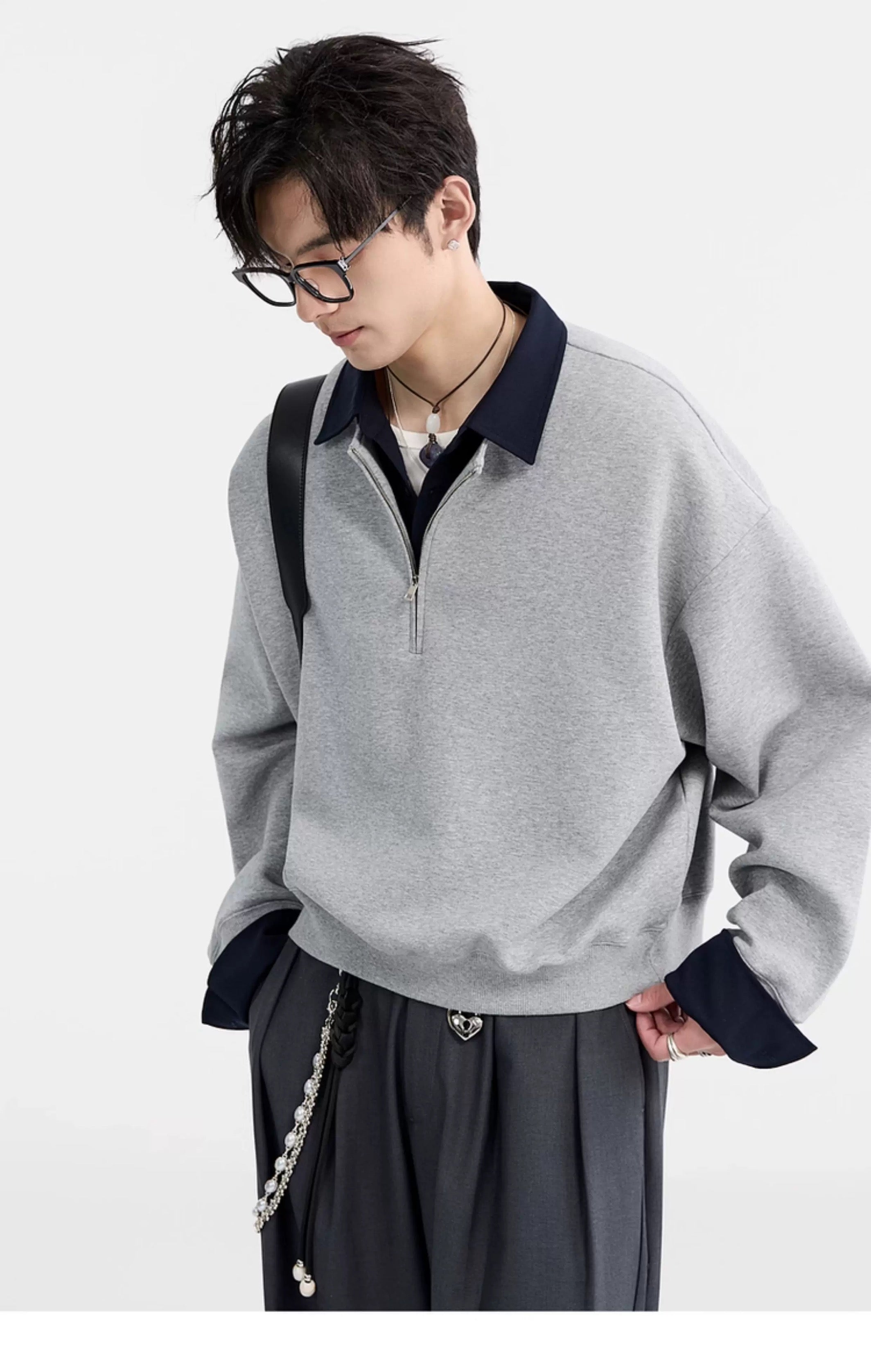 Sudadera con cuello camisero y bloques de color - Jersey extragrande Cleanfit con media cremallera para hombre T0047