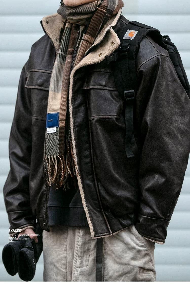 Chaqueta acolchada de algodón y piel sintética con cuello alto retro para hombre, abrigo de calle Morandi marrón grueso y cálido de lana de cordero T0013