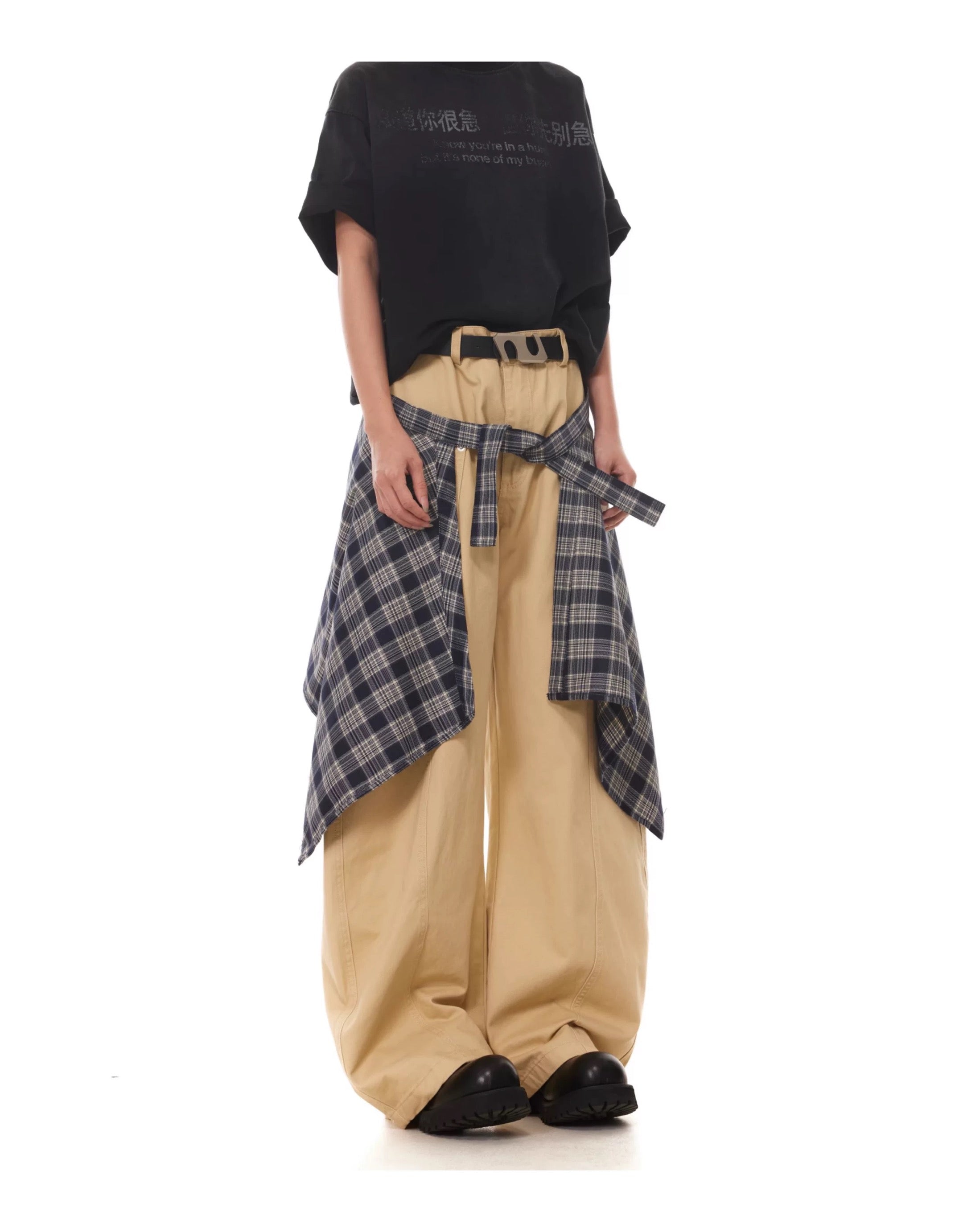 Men’s Vintage Detachable Plaid Skirt Cargo Pants – American Curved Wide-Leg Streetwear Trousers B0087
