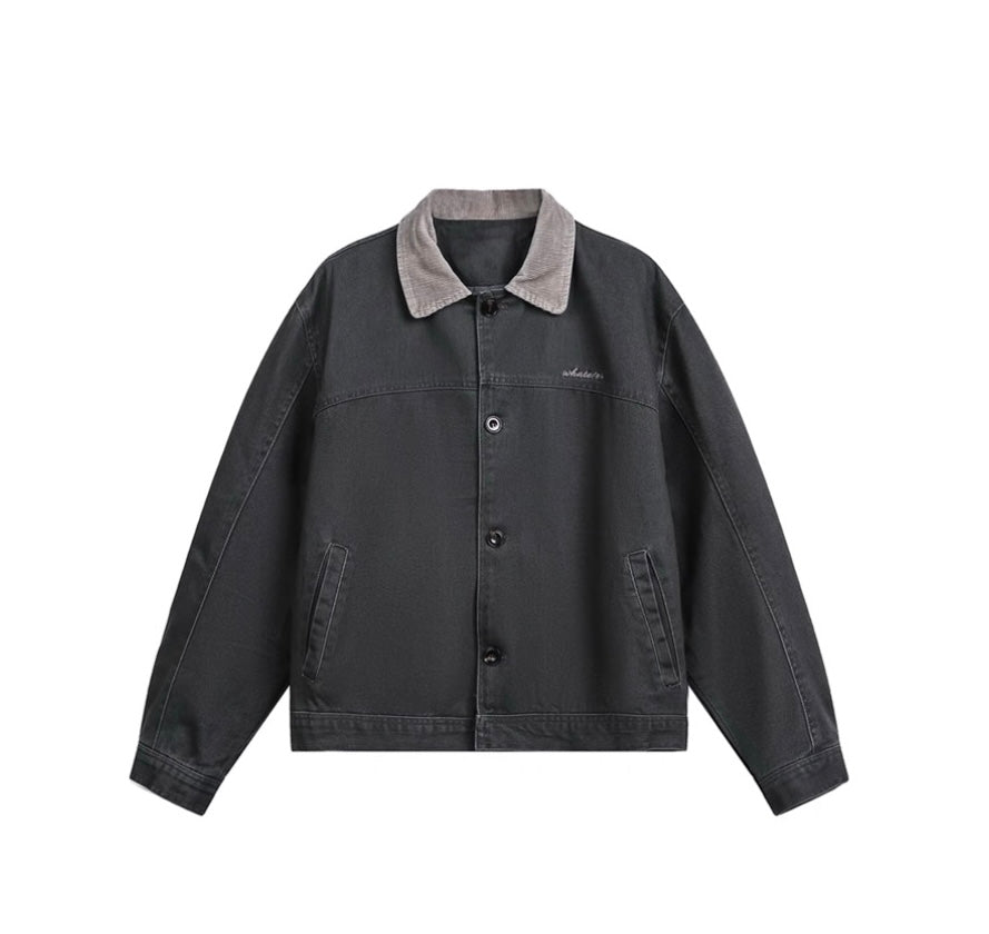 Men’s Color-Block Workwear Jacket – American Retro Contrast Collar Utility Outerwear T0064