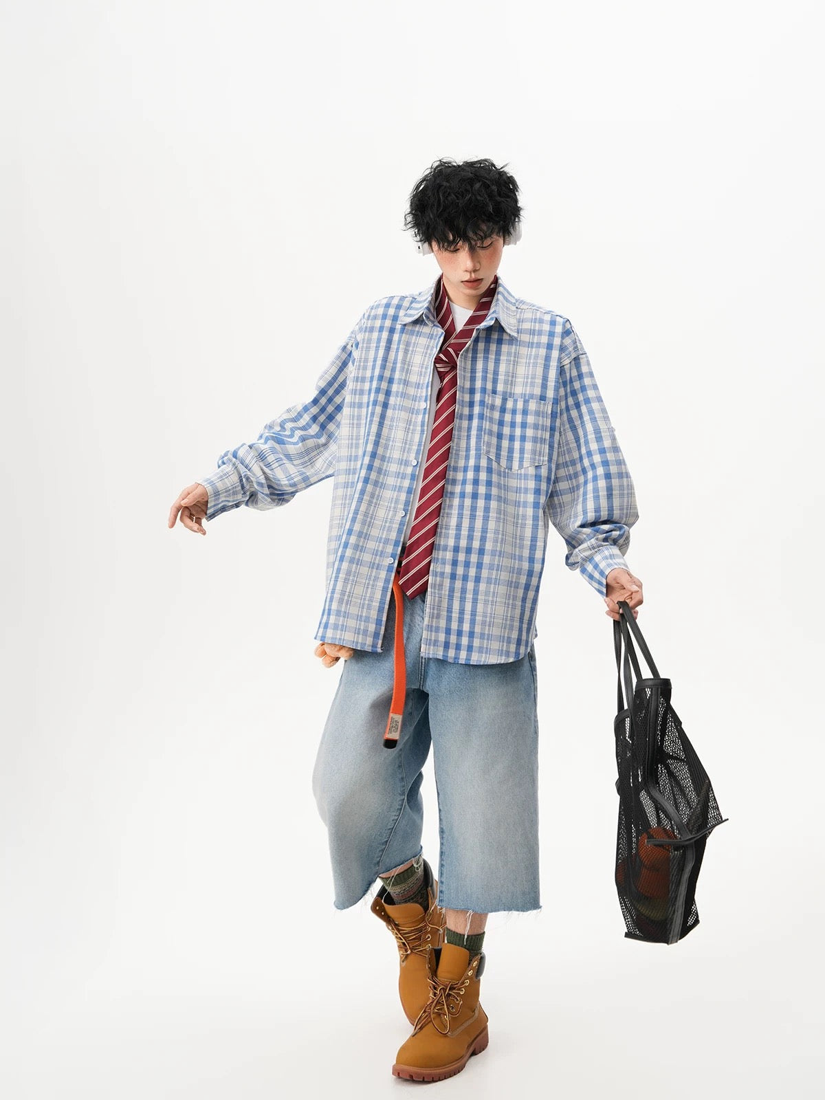 Men’s Vintage Blue Plaid Shirt – American Retro Street Casual Overshirt S0042