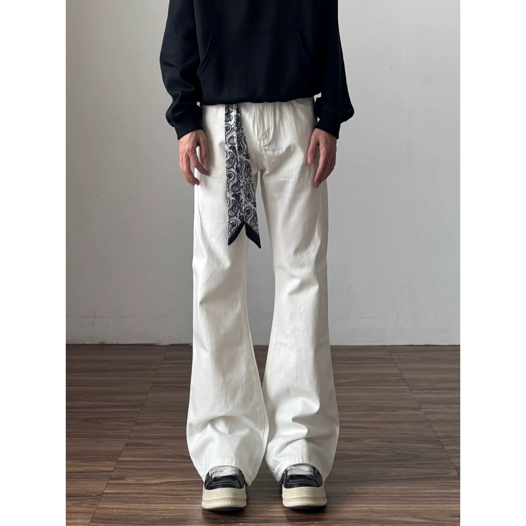 Men’s Vintage Scarf Detail Flare Jeans – American High Street Denim Pants B0074