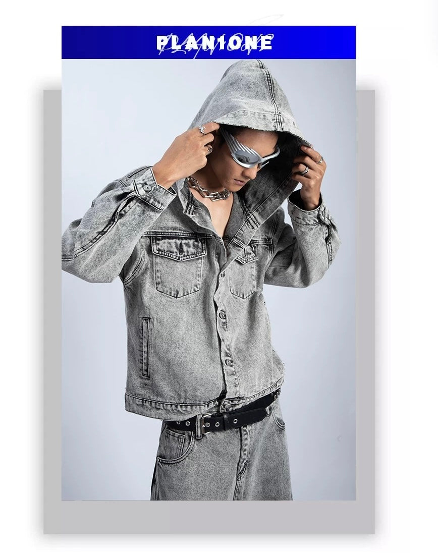 Men’s Deconstructed Distressed Denim Hoodie Jacket – Vintage Heavywork Streetwear Outerwear T0043