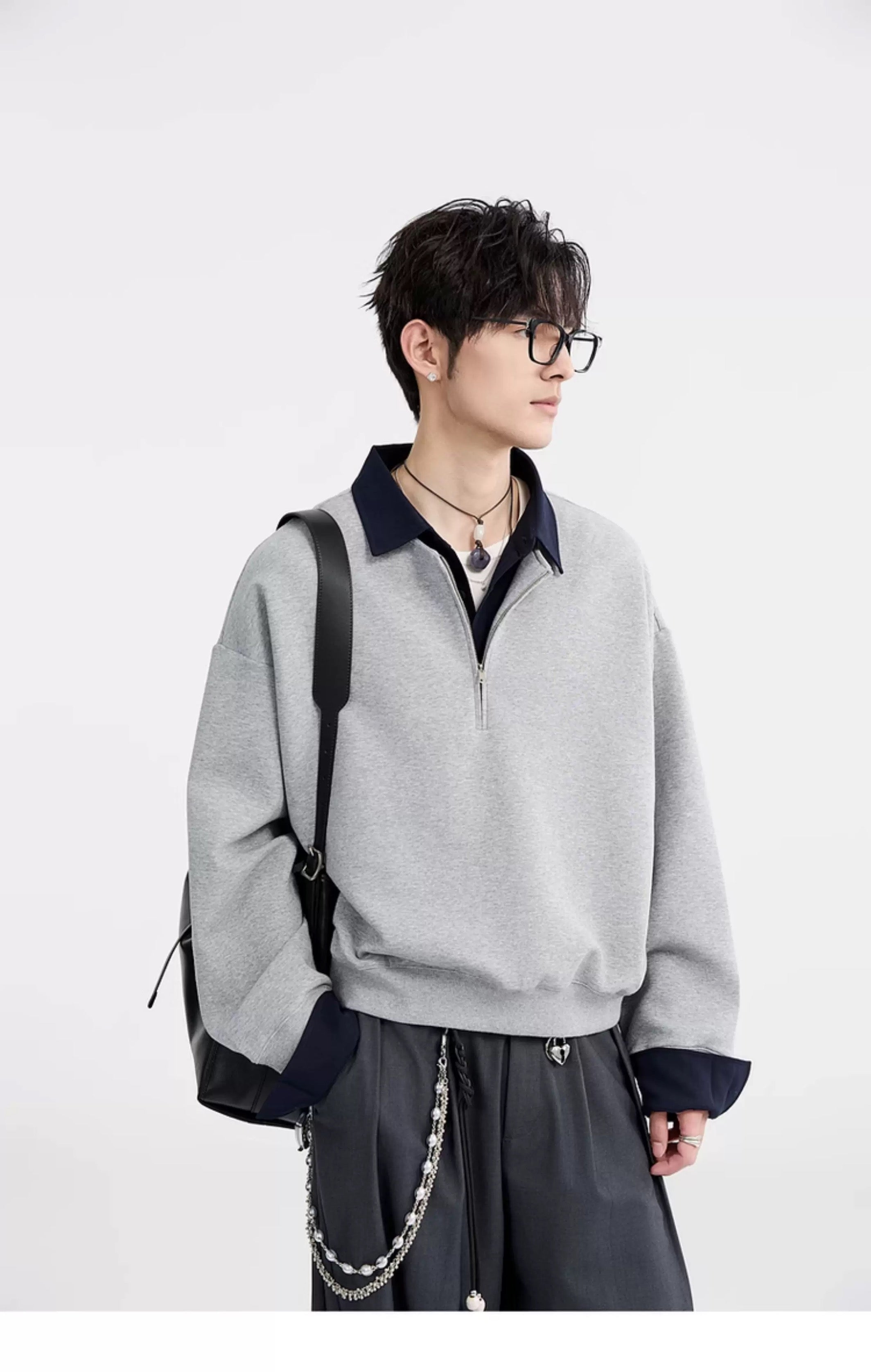 Sudadera con cuello camisero y bloques de color - Jersey extragrande Cleanfit con media cremallera para hombre T0047