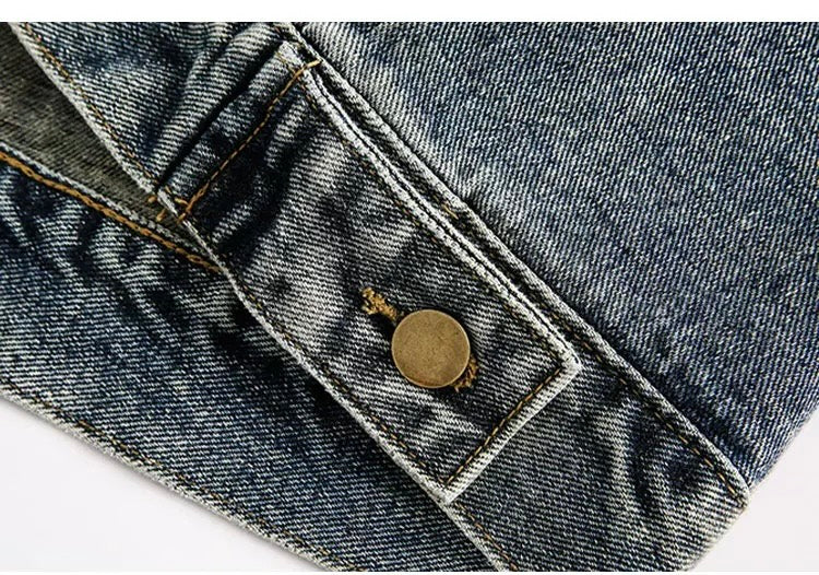 Men’s Vintage Washed Denim Jacket – American Retro Distressed Streetwear Outerwear T0046