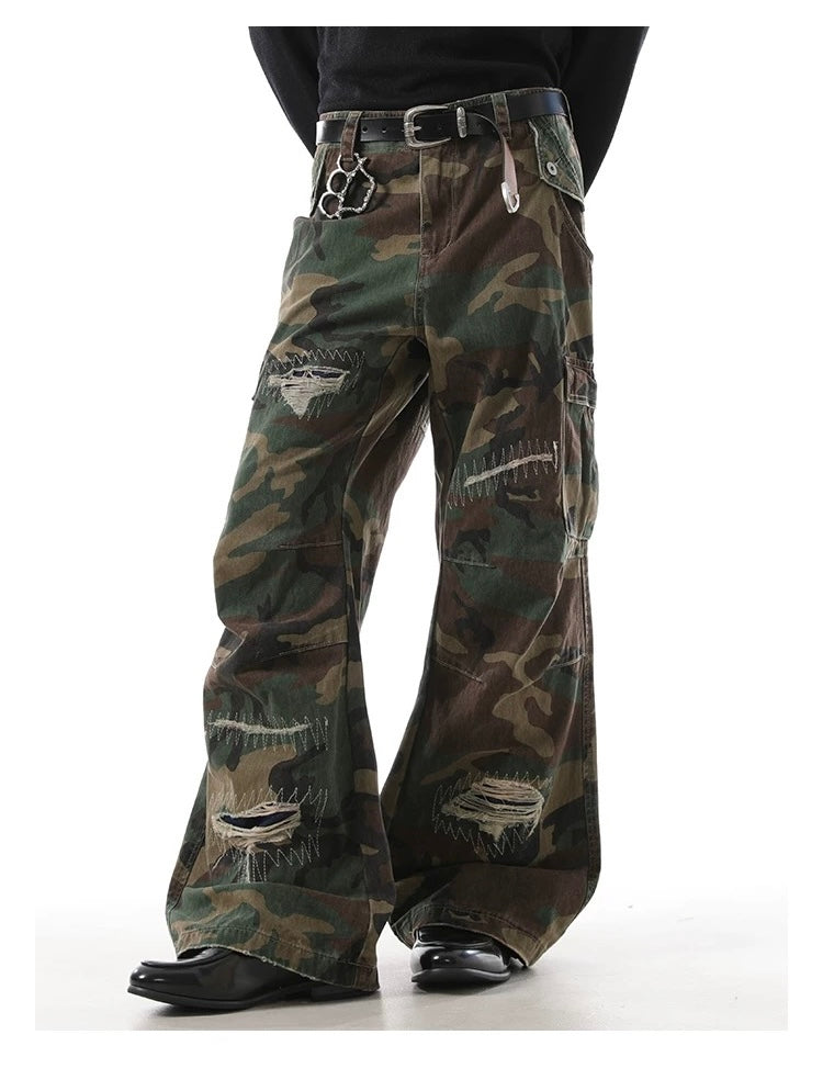 American Distressed Patchwork Camo Cargo Pants – Vintage Rugged Streetwear B0040