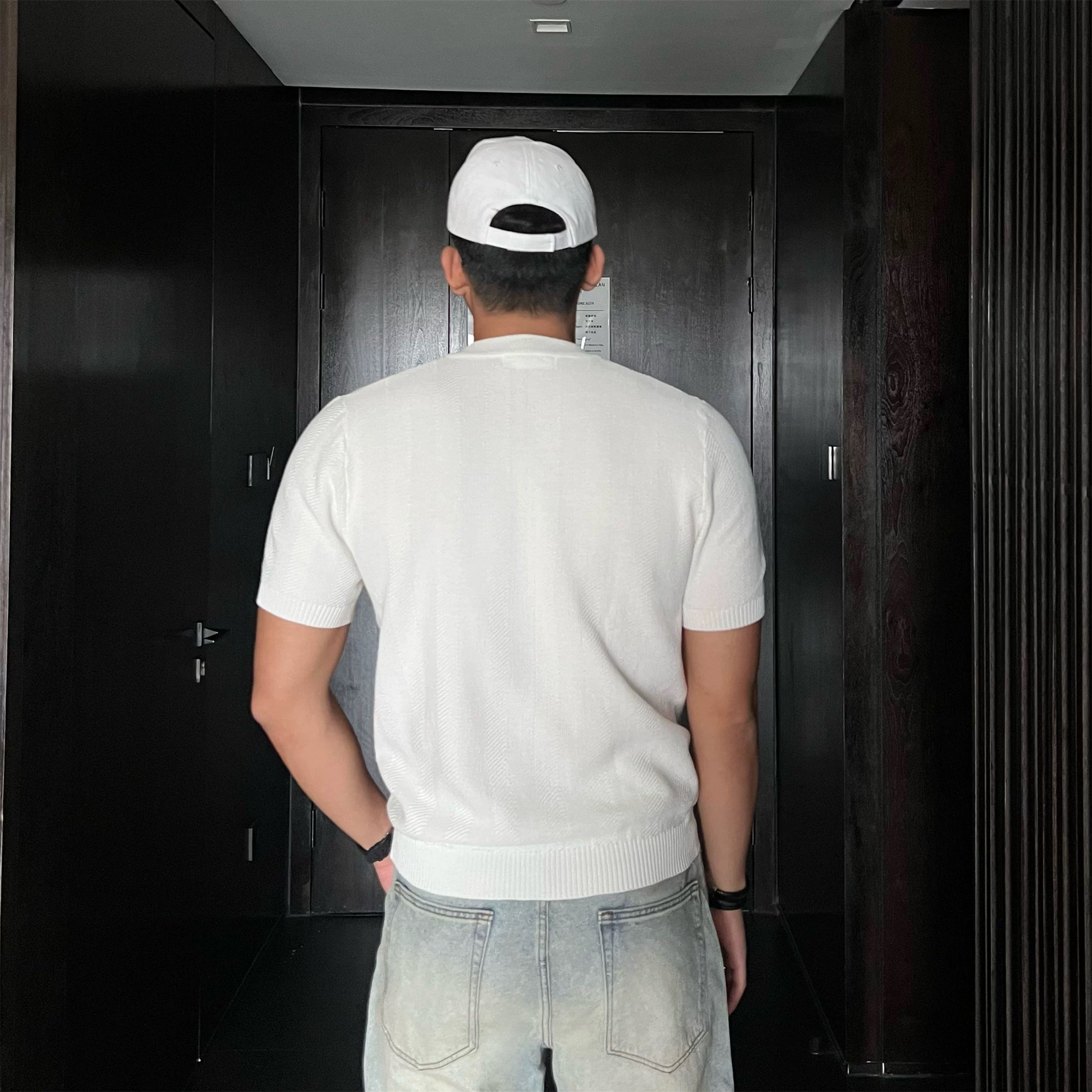 Camiseta de punto vintage con cuello en V para hombre, corte ajustado, elástica, transpirable, informal, T0061