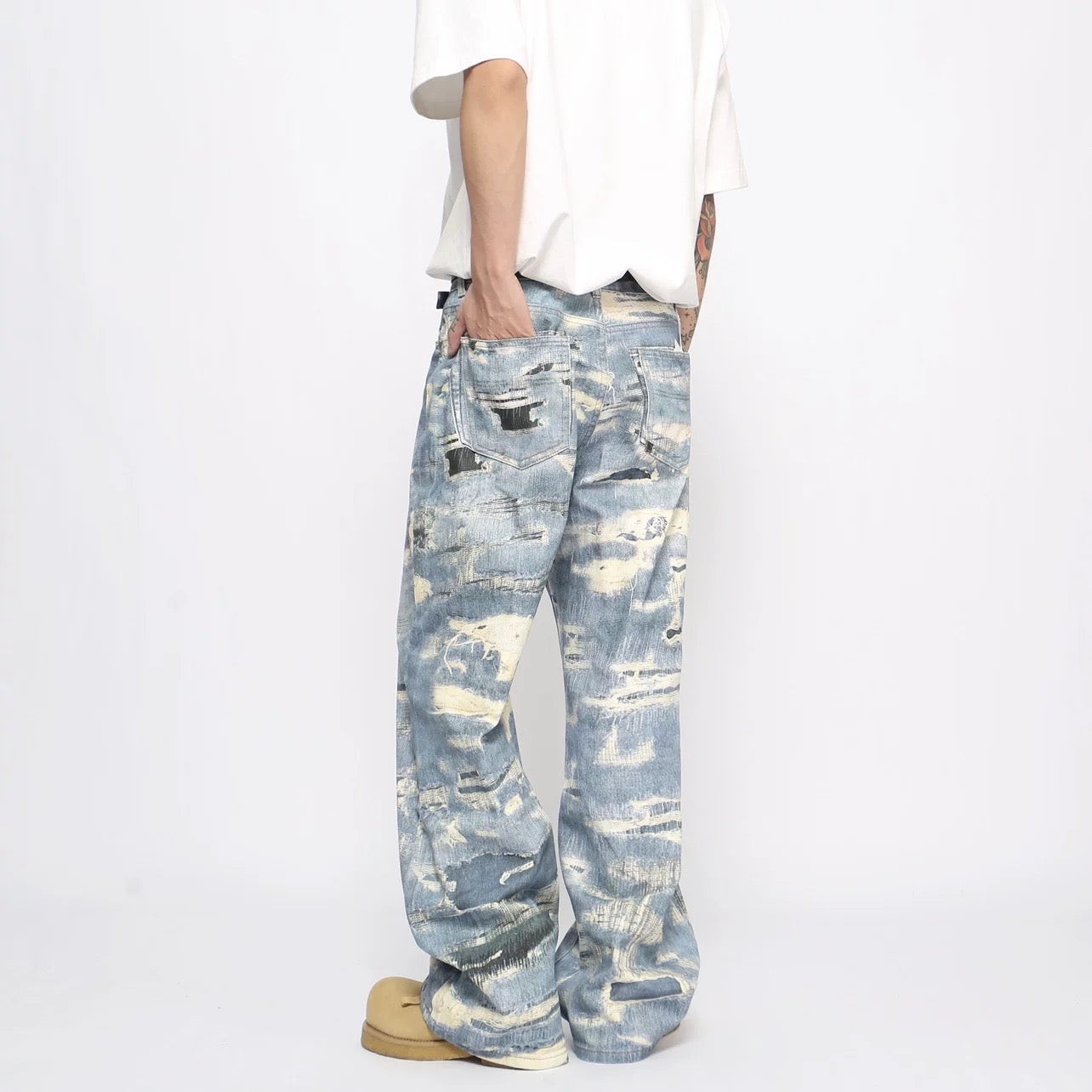 Men’s Distressed Printed Jeans – Vintage Washed Ripped Denim Pants B0079