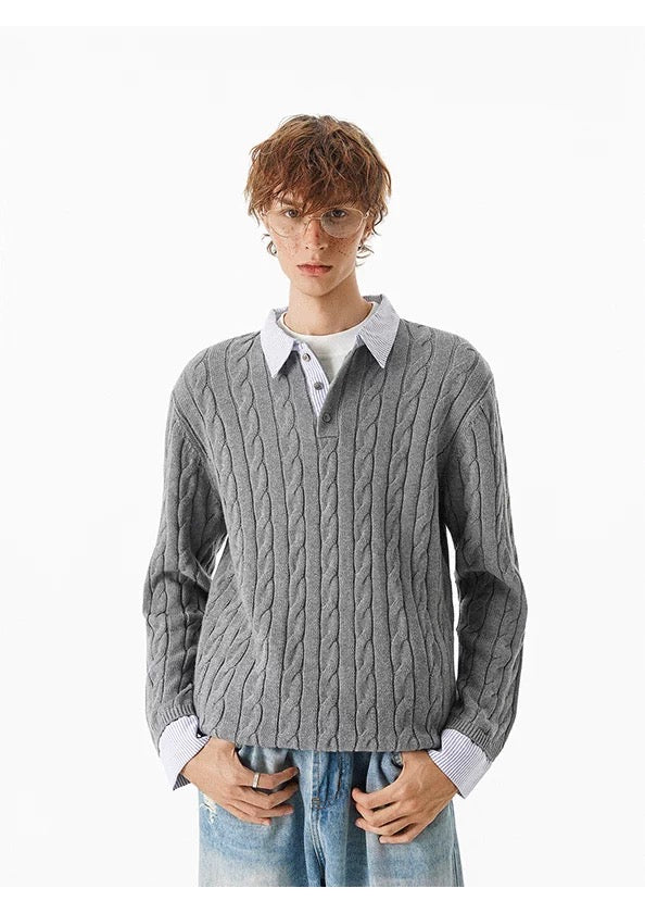 Patchwork Layered Cable Knit Sweater – Faux Two-Piece Vintage Knitwear S0025