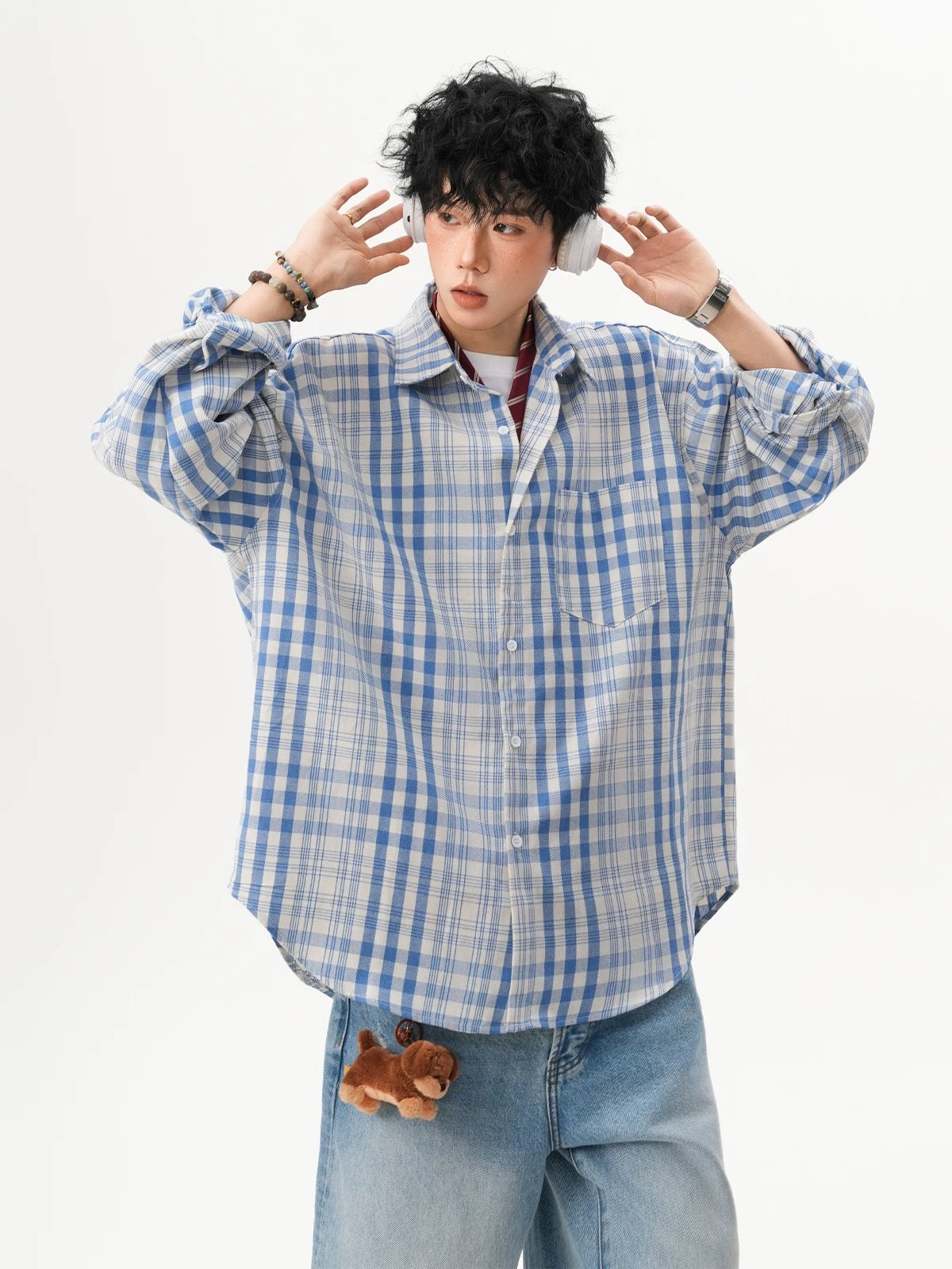 Men’s Vintage Blue Plaid Shirt – American Retro Street Casual Overshirt S0042