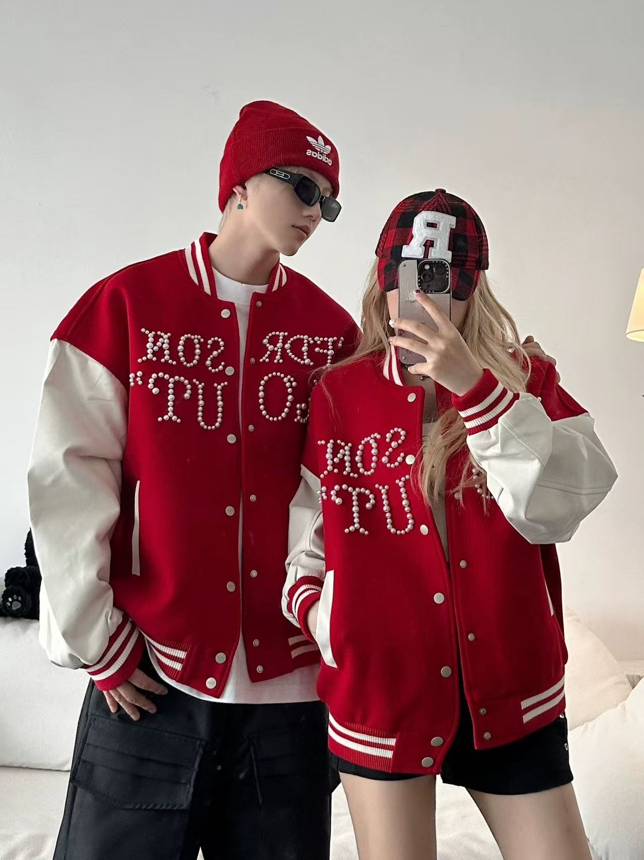 American Streetwear Rhinestone Baseball Jacket - Unisex Couple's Style AW Collection Retro Red Faux Leather & Wool Blend Bomber T0035