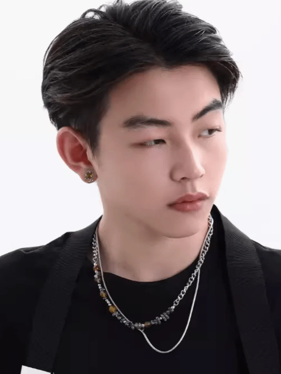 EARTH COLOR IRREGULAR STONE TITANIUM CHAIN NECKLACE A0054