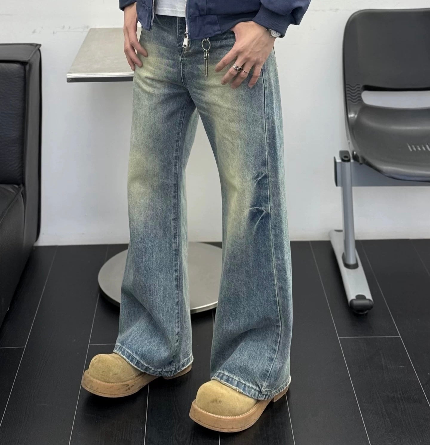 Men’s Lightning Pattern Flared Jeans – Vintage American Streetwear Denim Pants B0061