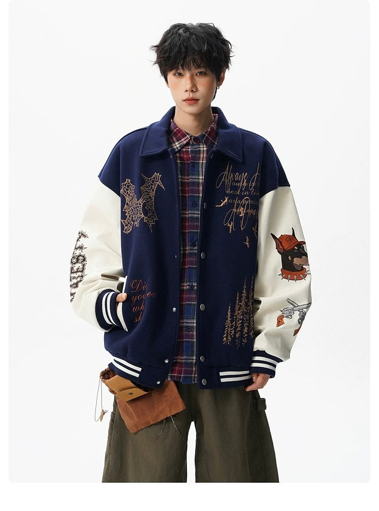 Men’s American Embroidered Patchwork Baseball Jacket – Vintage Streetwear Varsity CoatT0074