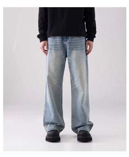 Men’s Vintage Washed Wide-Leg Jeans – American Retro Streetwear Denim T0138