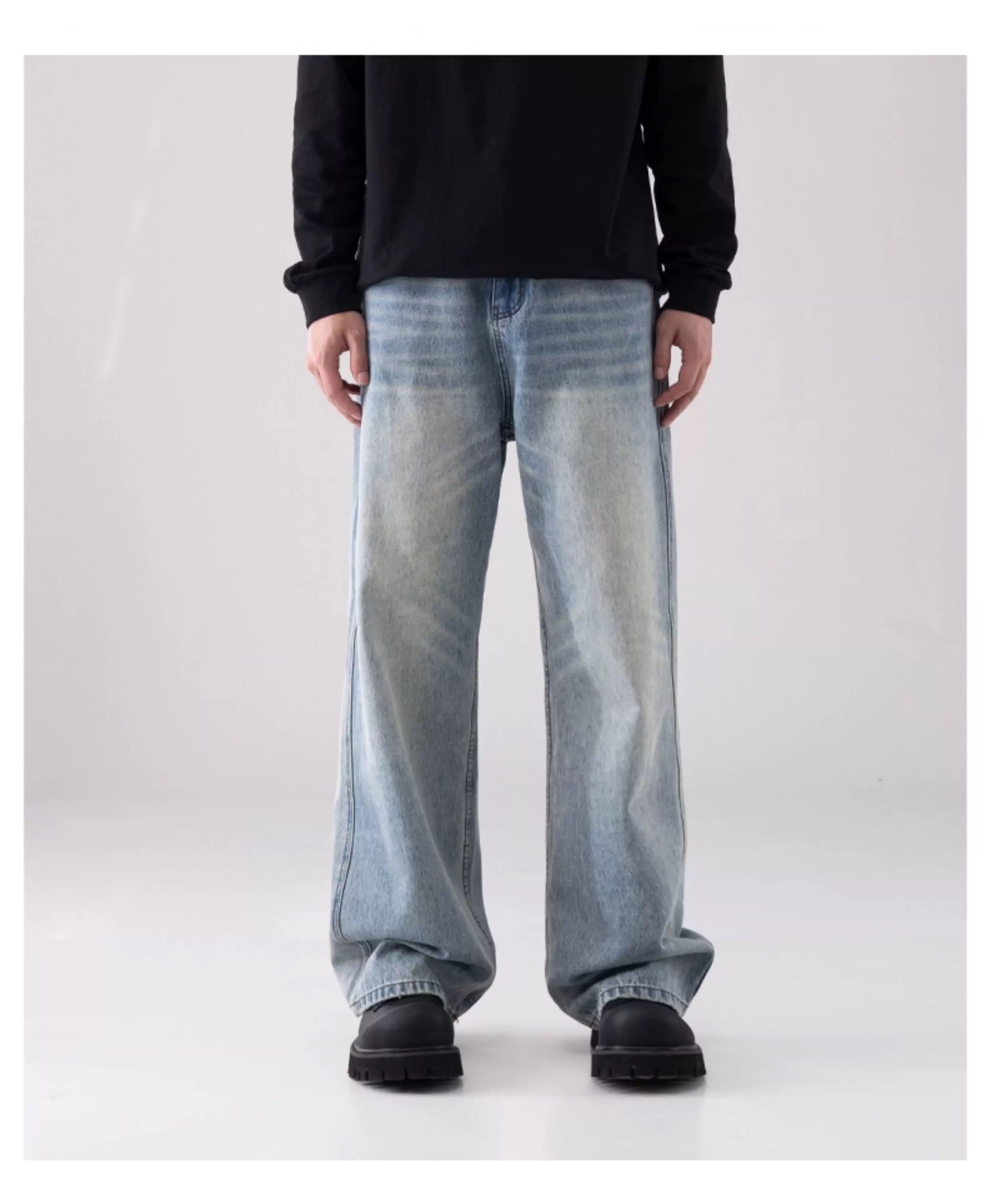 Vaqueros vintage lavados de pierna ancha para hombre – American Retro Streetwear Denim B0070