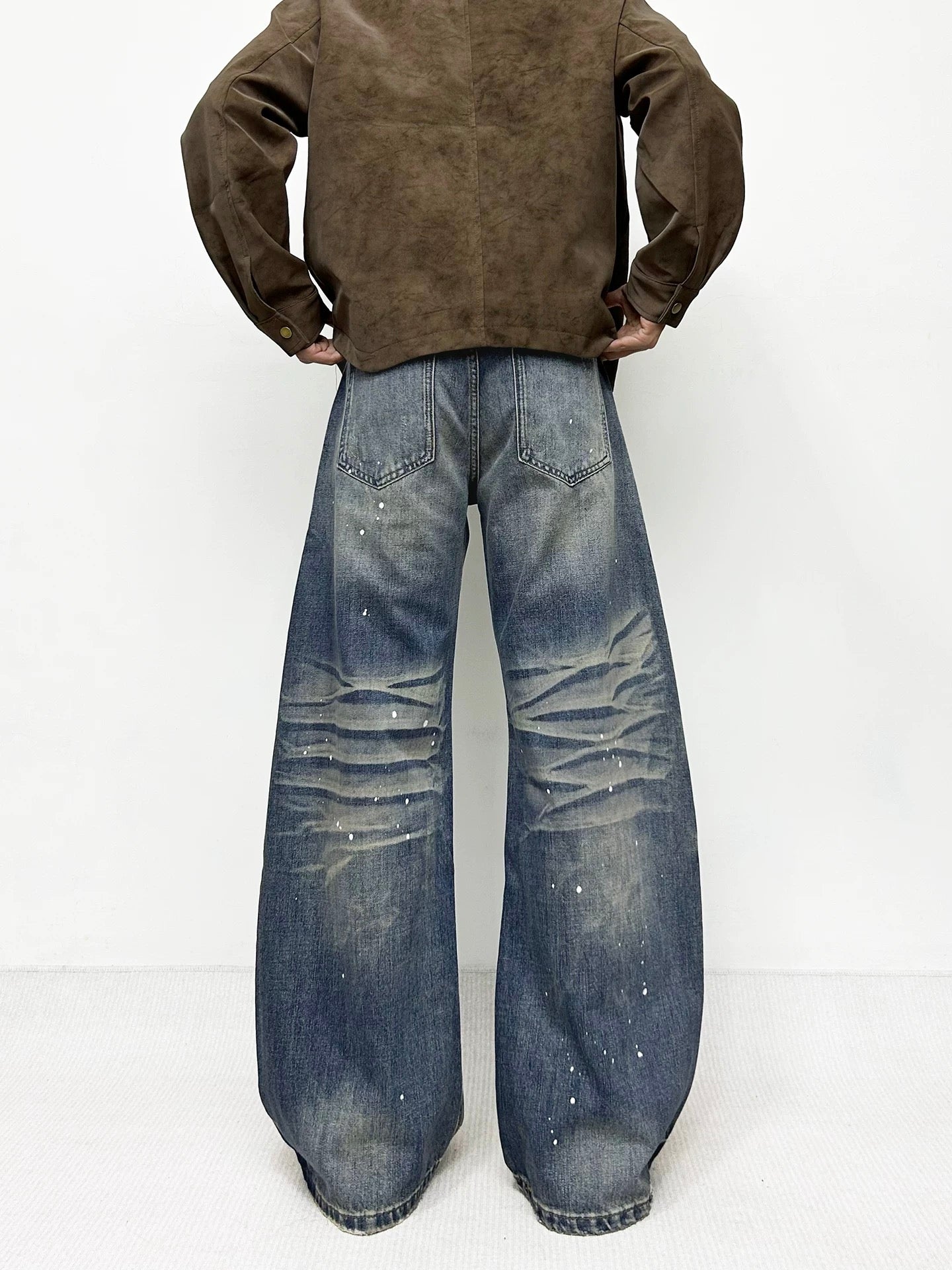 Men’s American Washed Splatter Blade-Cut Jeans – Vintage Distressed Streetwear Denim B0047