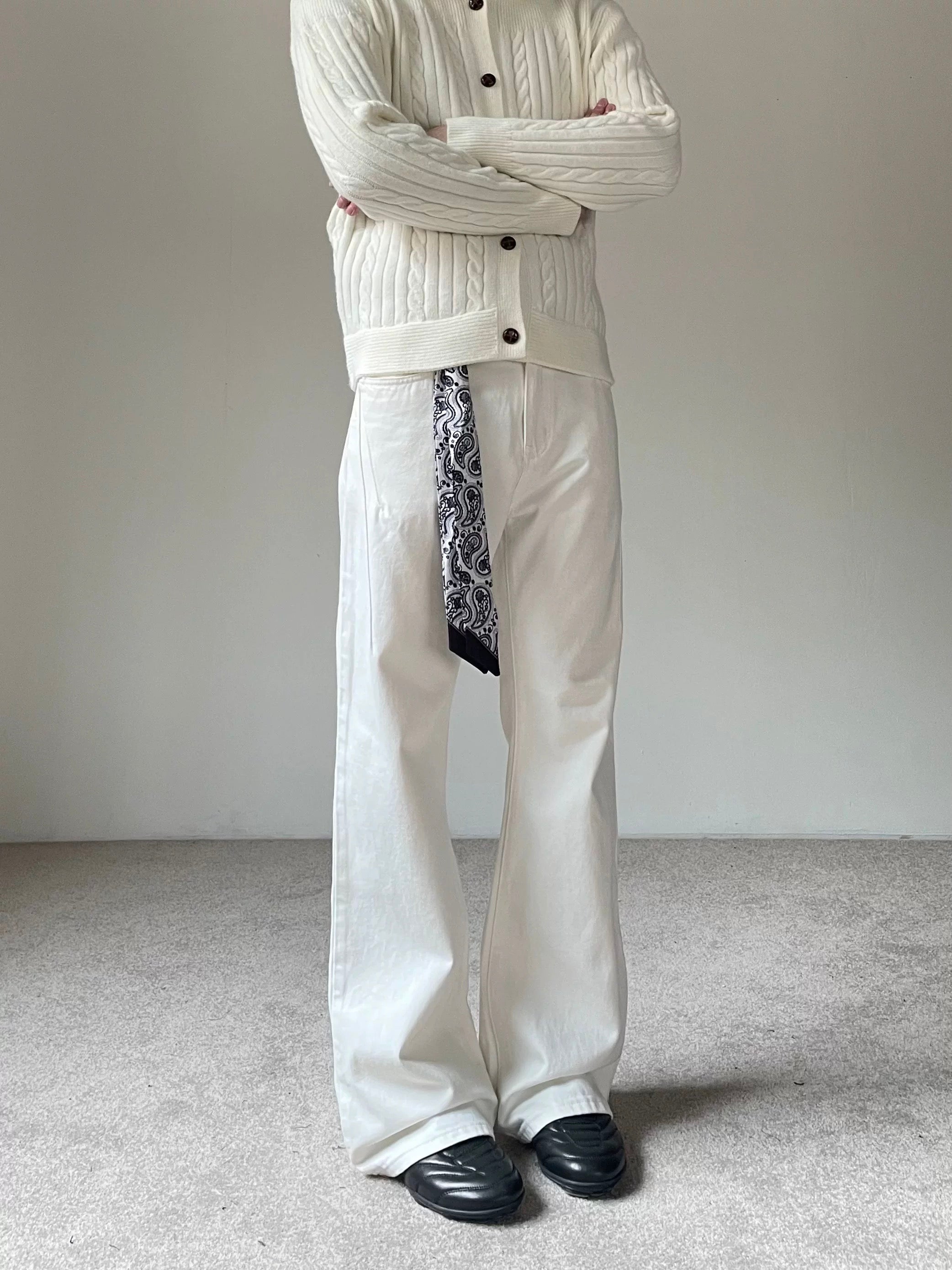 Men’s Vintage Scarf Detail Flare Jeans – American High Street Denim Pants B0074