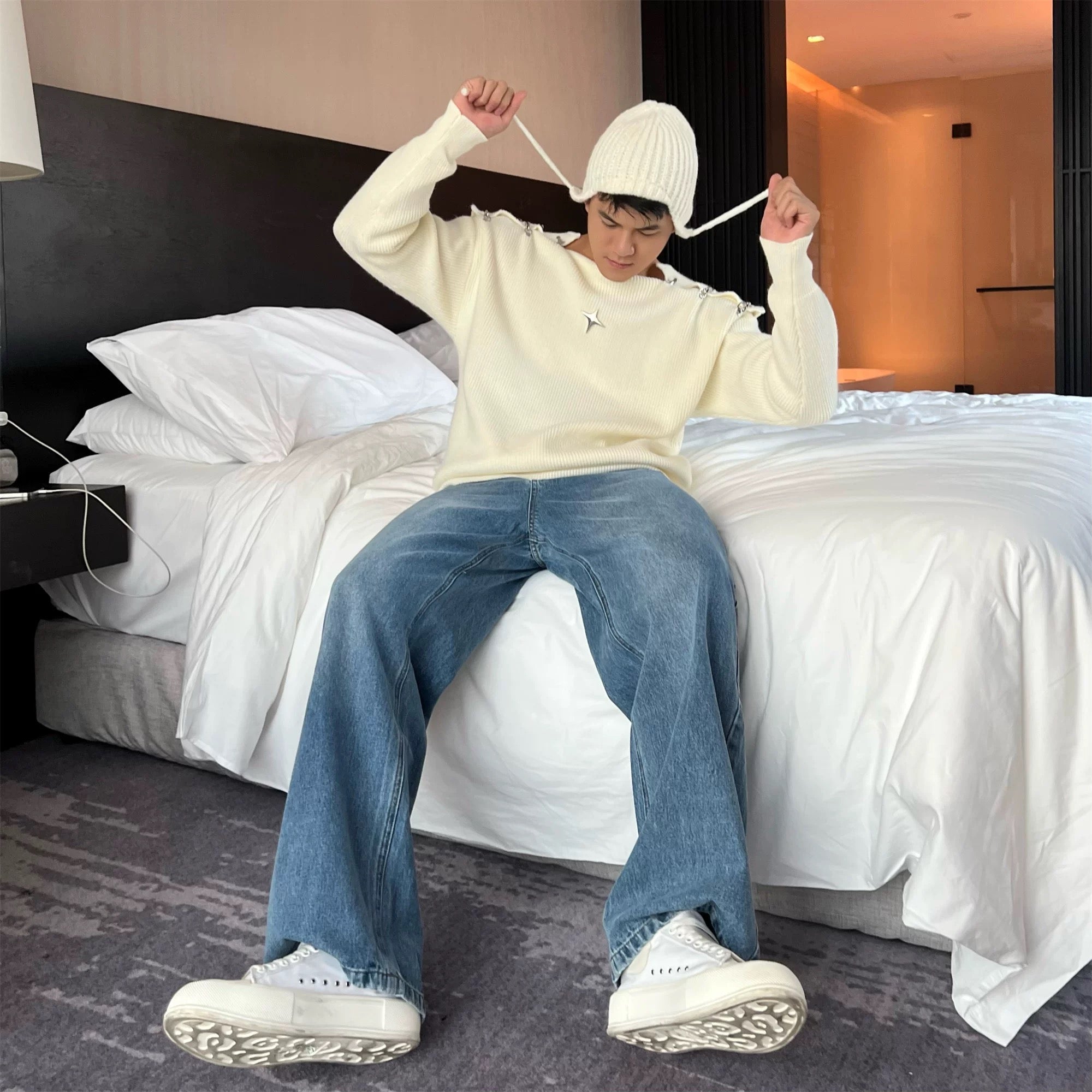 Suéter de punto con hebilla para hombre | Suéter holgado y cálido con estilo urbano T0056