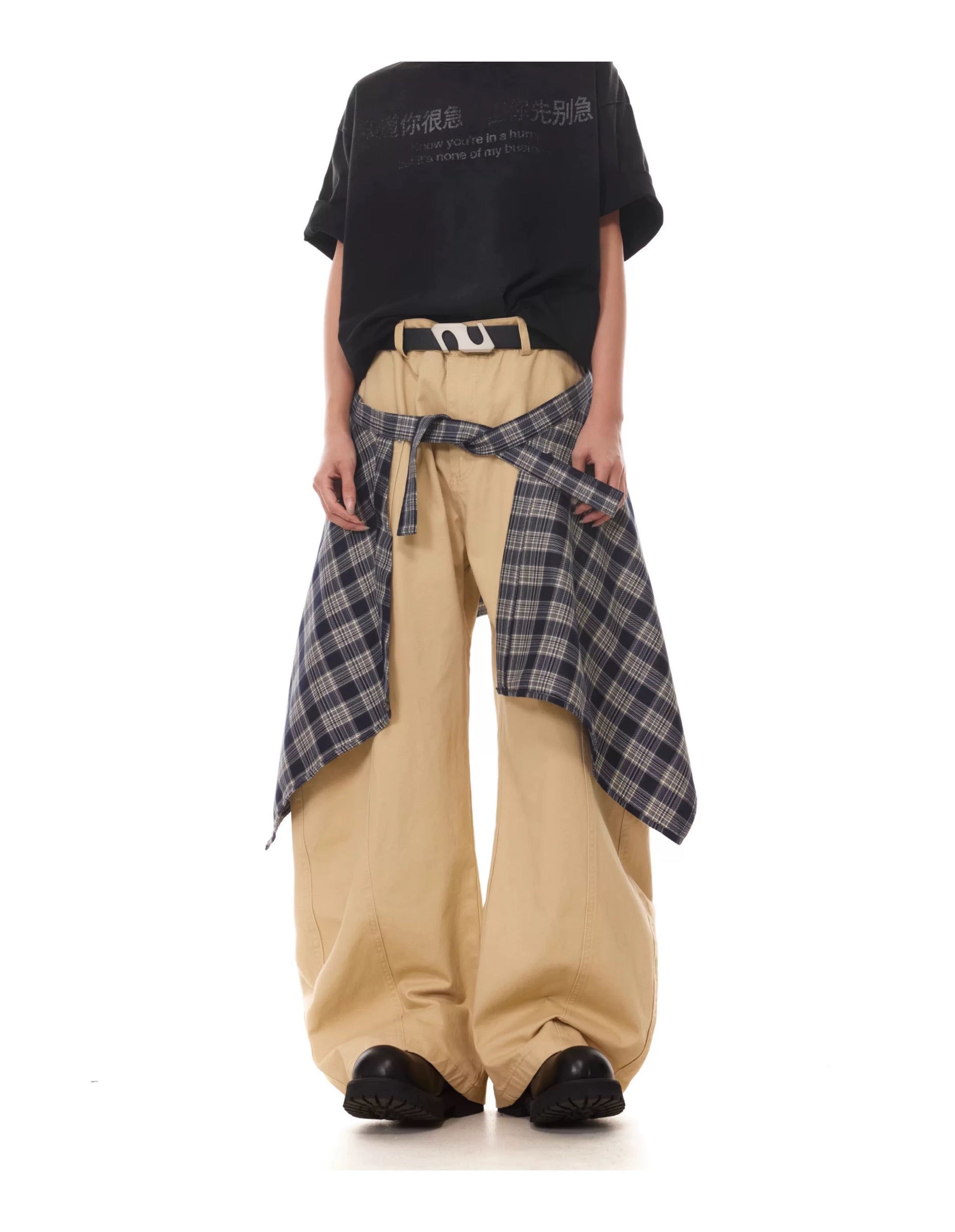Men’s Vintage Detachable Plaid Skirt Cargo Pants – American Curved Wide-Leg Streetwear Trousers B0087