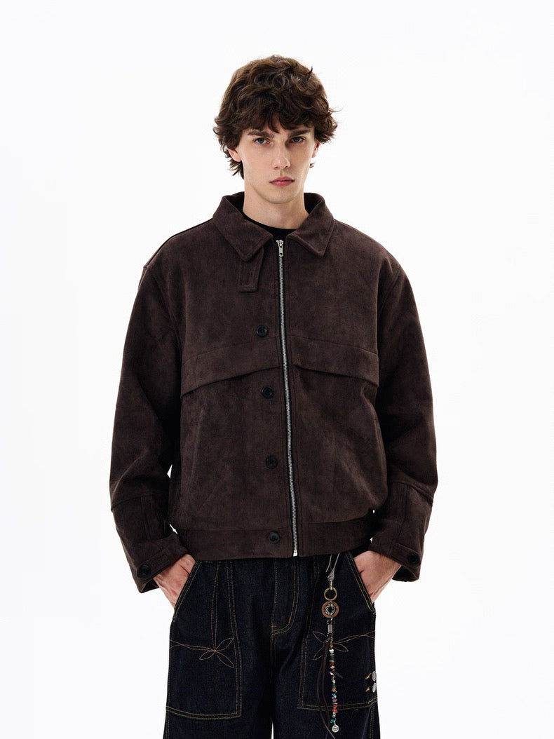 American Retro Suede Jacket – Brown Faux Suede Lapel Trucker Coat T0027