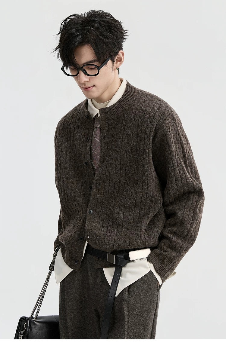 Jacquard Retro-Style Henry Neck Sweater Cardigan for Men - Wool-Blend Knitted Outerwear for Autumn & Winter T0038
