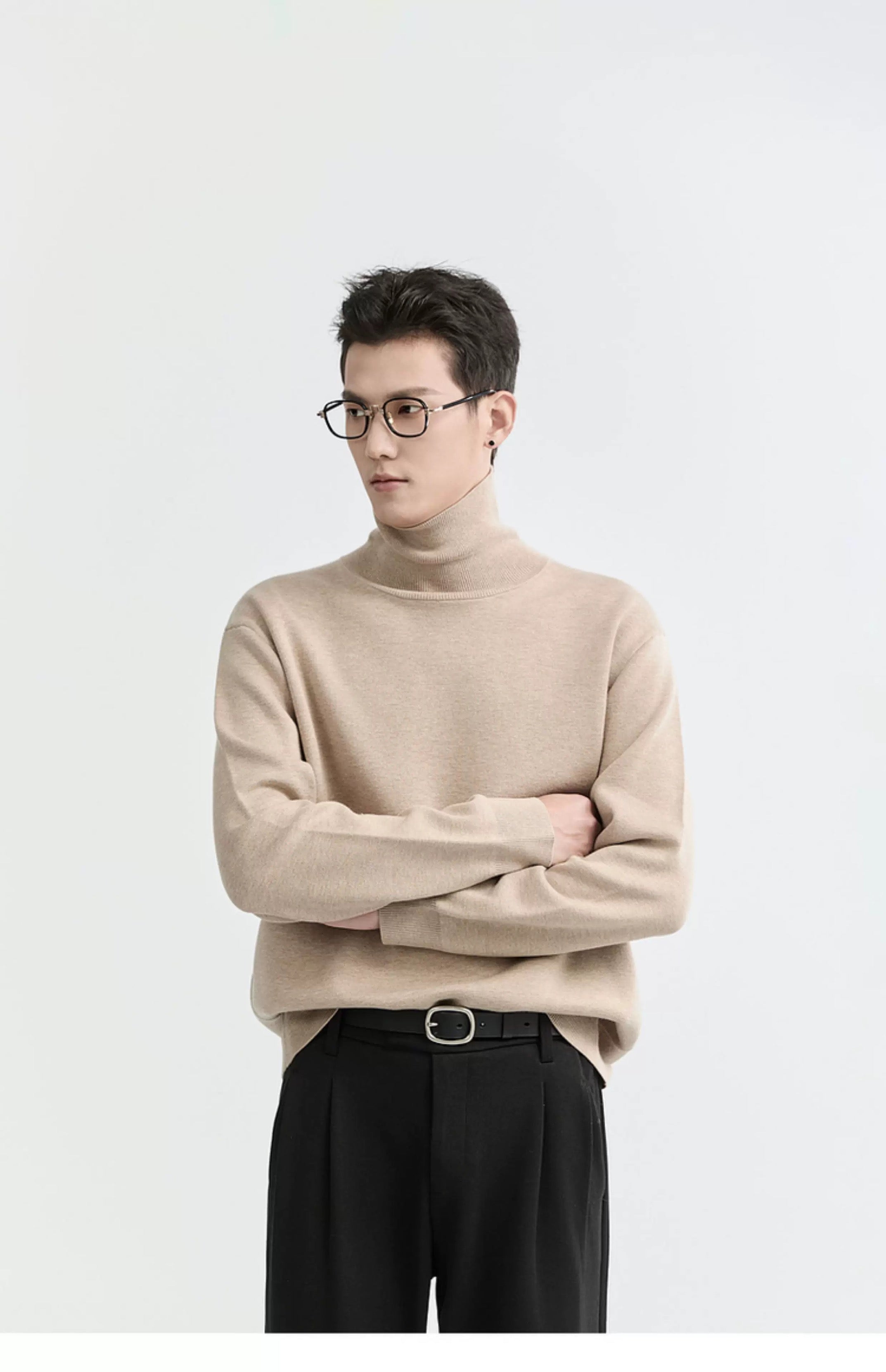 Suéter de punto de cuello alto para hombre - Capa base con forro polar grueso para otoño e invierno T0041