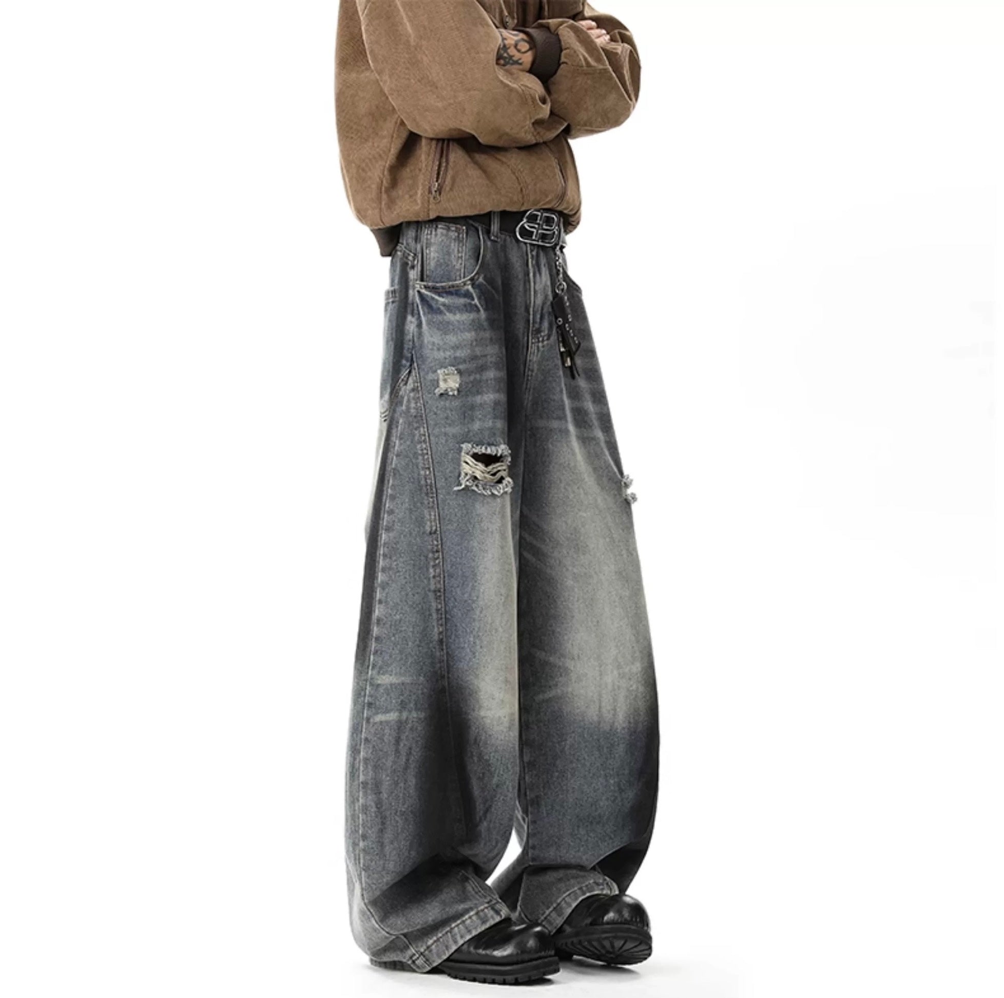 Vaqueros americanos rotos con corte curvo para hombre – Pantalones vaqueros de pierna ancha estilo streetwear vintage B0090