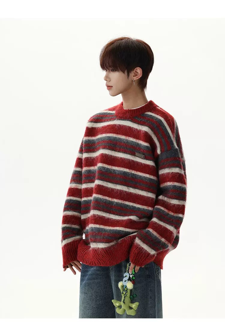 Men’s Vintage Red Striped Sweater – American Retro Knit Pullover S0049