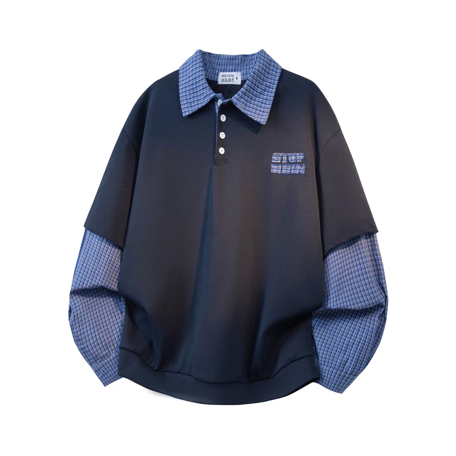 Men’s Korean Layered Plaid Sweatshirt – Casual Street Style Fake Two-Piece Pullover S0035