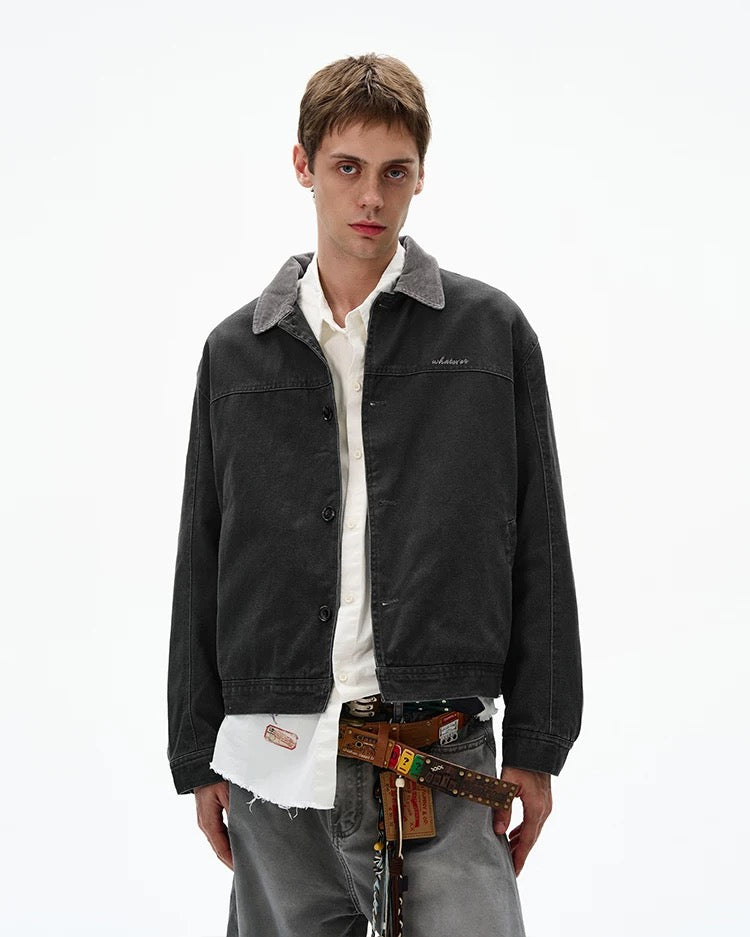 Men’s Color-Block Workwear Jacket – American Retro Contrast Collar Utility Outerwear T0064