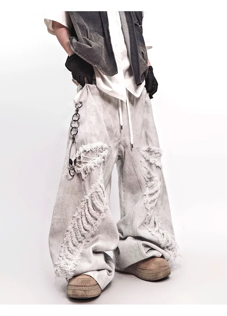 Men’s Vintage Distressed Washed White Denim Jeans Streetwear Loose Straight Mud-Dye Baggy Pants B0096