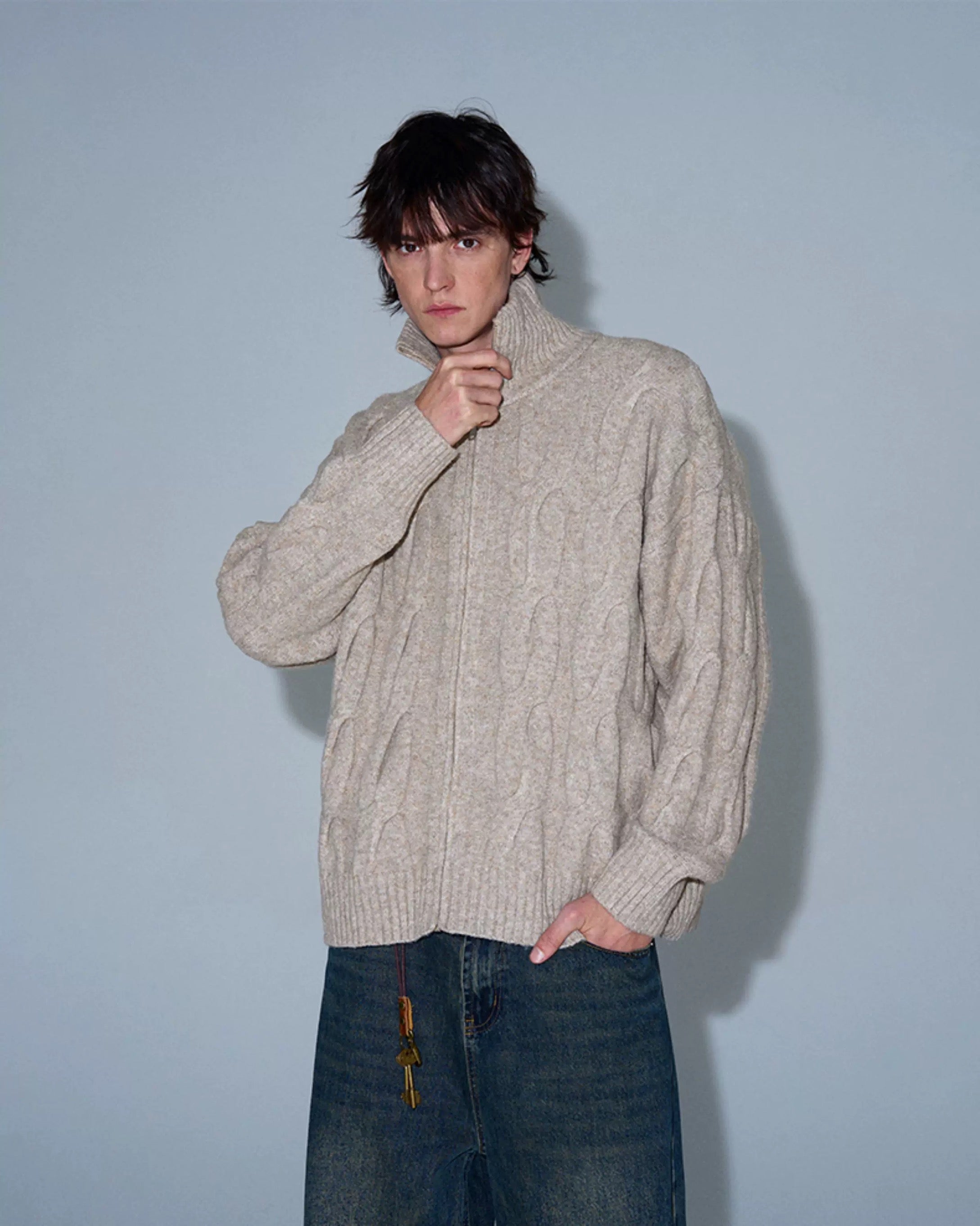 Vintage Cable Knit Turtleneck Sweater – American Retro Textured Pullover for MenS0026