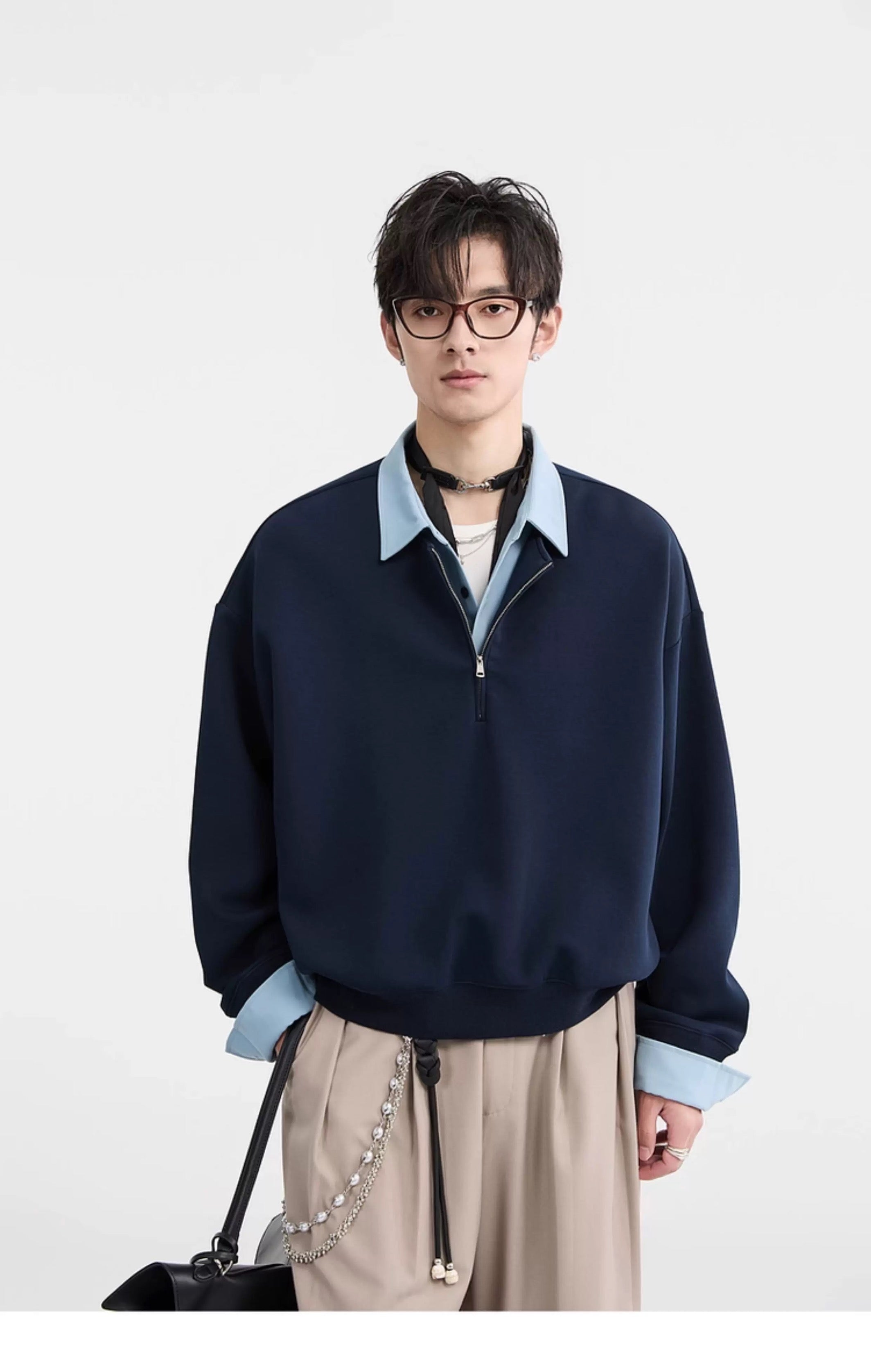 Sudadera con cuello camisero y bloques de color - Jersey extragrande Cleanfit con media cremallera para hombre T0047