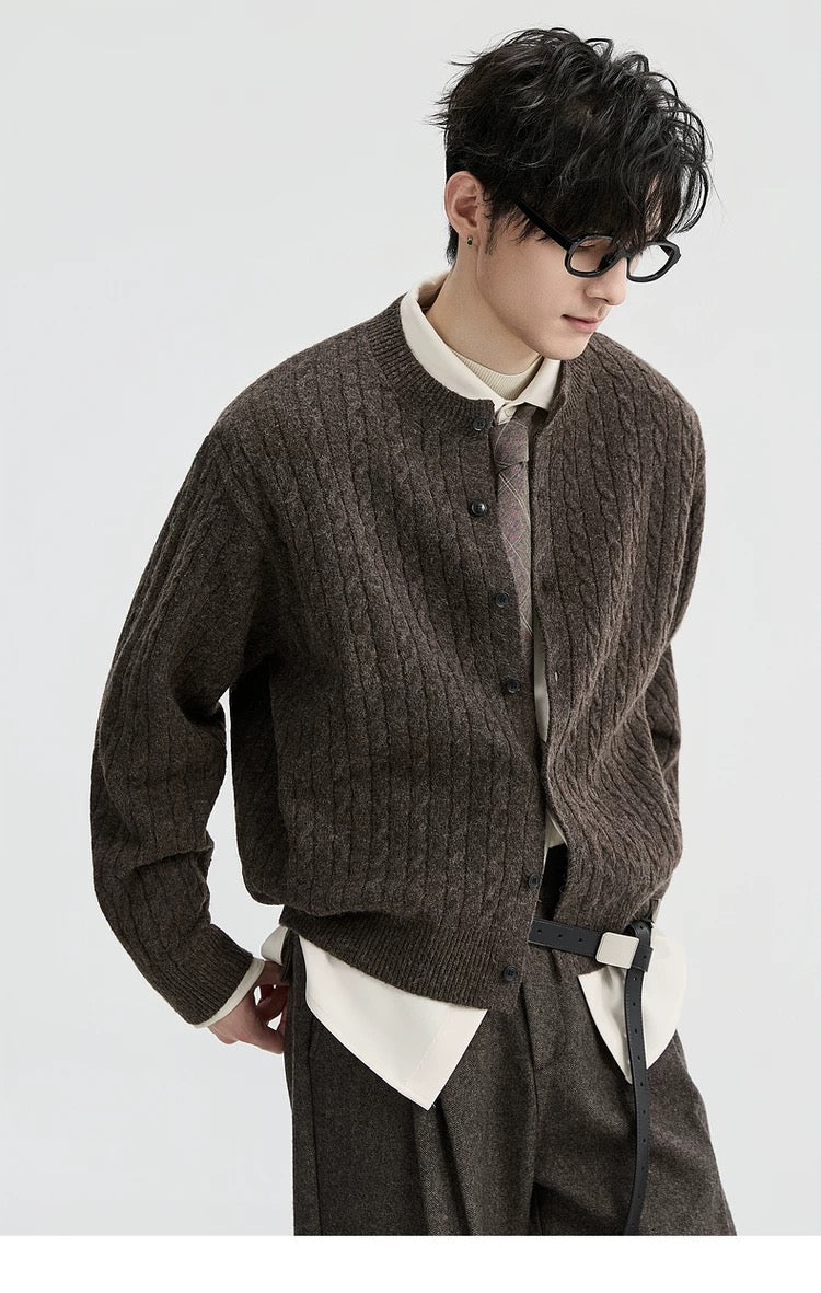 Jacquard Retro-Style Henry Neck Sweater Cardigan for Men - Wool-Blend Knitted Outerwear for Autumn & Winter T0038