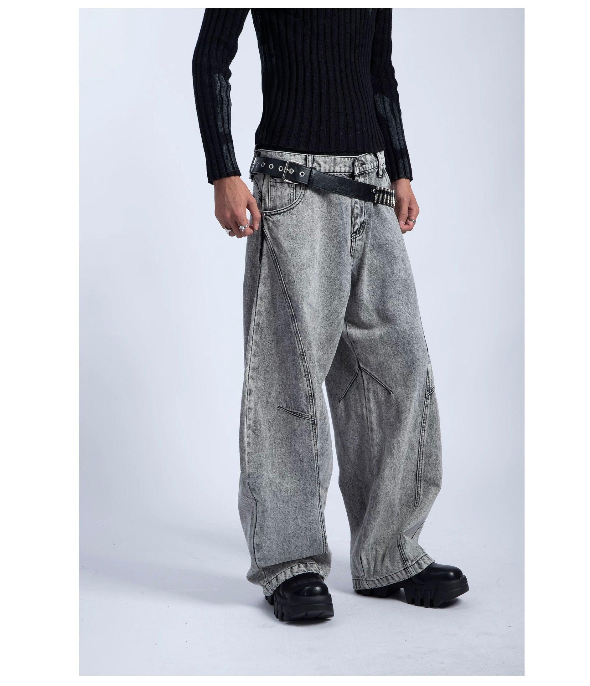 Men’s Vintage Curved-Cut Wide-Leg Jeans – Retro American Loose Fit Denim Pants B0056