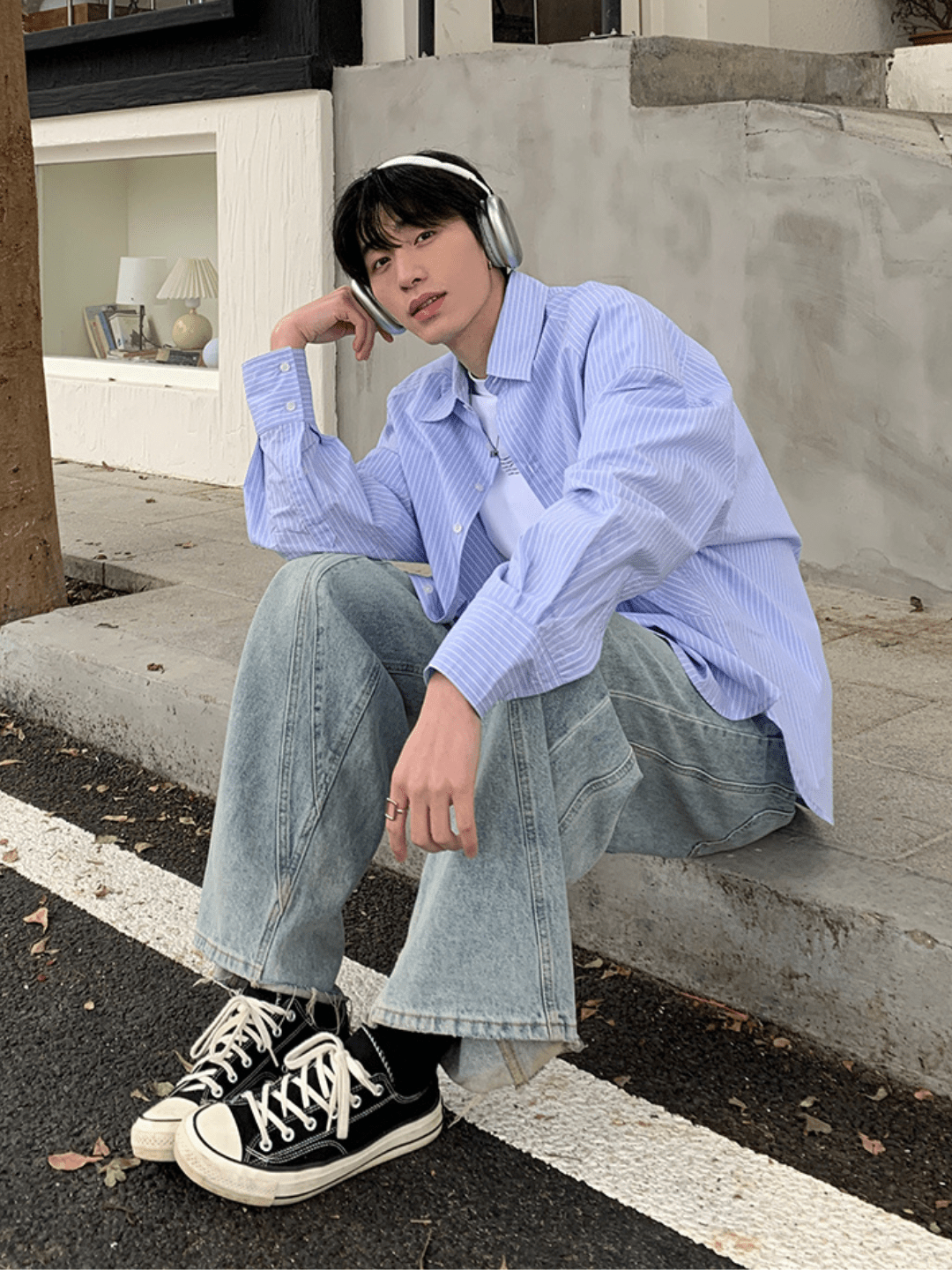 [ONELYC1NS] korean blue and white loose shirt J0124